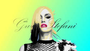 Gwen Stefani 在彩色漸變背景上，帶有鮮豔的妝容和漁網上衣。