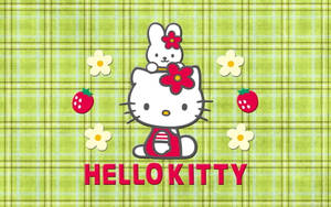 Hello Kitty 和兔子，花朵和草莓，格仔背景。