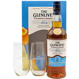 The Glenlivet Founder's Reserve 威士忌酒瓶，配兩個品酒杯及包裝。
