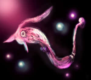 一隻粉紅色發光的外星生物漂浮在太空中的發光球體之間。
