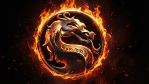 一個發光的金屬龍徽章，被火焰和火花包圍。