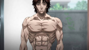 一個赤裸上身、肌肉發達嘅動漫男人，啡色頭髮，企喺有塗鴉嘅城市後巷。 — RJ BT21 壁紙