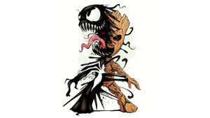 Chibi Venom和Groot融合，Venom的黑色共生體纏繞在Groot的木質身體上。 — 動漫惡魔 壁紙