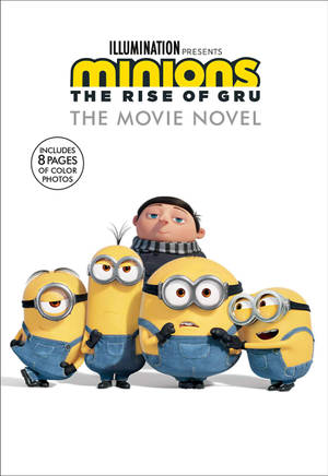 Gru 與四個身穿藍色工裝褲的 Minions 在白色背景上。