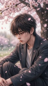 年輕男子坐在櫻花樹下，花瓣飄落