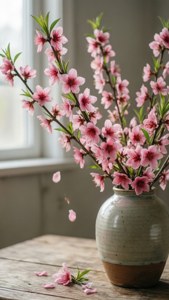 窗邊木桌上陶瓷花瓶中的粉紅桃花。 — 中國新年 壁紙