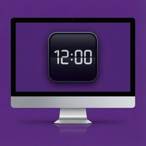 銀色 iMac 在紫色背景上顯示 12:00 的數字時鐘