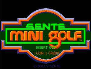Sente Mini Golf 街機遊戲標題畫面，附有投幣指示。