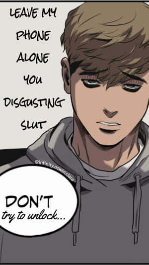憤怒的動漫男孩穿著灰色連帽衫，對話框寫著「放低我部電話，你個嘔心嘅淫婦」同「唔好嘗試解鎖...」。
