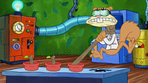 Squidward 在一個雜亂的卡通實驗室裡，用棍子憤怒地攪拌鍋子，周圍有機器和綠色牆壁。 — 海灘日落 壁紙