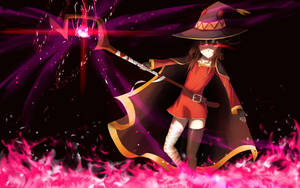 動漫女巫用發光的法杖施展魔法，被粉紅色火焰和紫色能量包圍。