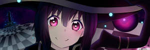 粉紅色眼睛的動漫女巫在宇宙棋盤格房間裡微笑。