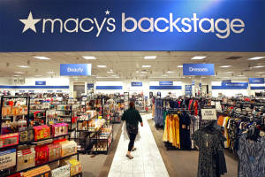 購物者穿過Macy's Backstage商店的通道，旁邊有連衣裙和美容產品。