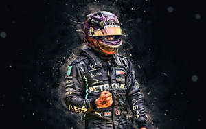 F1車手身穿賽車裝備，在黑暗背景中被發光粒子環繞。