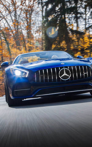 藍色 Mercedes-AMG GT Roadster 在日落時分的秋日森林中疾馳。