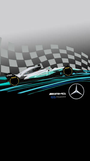 Mercedes-AMG 一級方程式賽車越過格仔旗終點線，帶有藍綠色運動軌跡。