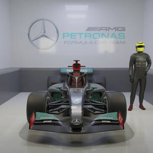 Mercedes-AMG Petronas F1 賽車和賽車服在乾淨的工作室展示中。