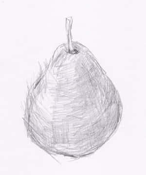 一個手繪鉛筆素描的梨子，帶有陰影和莖。