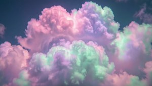 超現實的粉紅色和綠色雲朵在夢幻般的天空中發光。