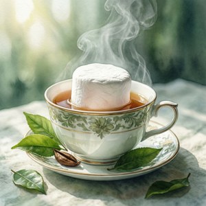 冒著熱氣的茶杯，上面有大型棉花糖和綠茶葉，放在蕾絲布上。 — Tecno Phantom 壁紙
