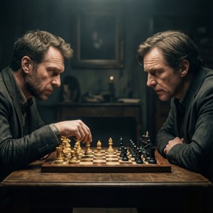 兩個男人在黑暗的房間裡，以燭光和鏡子為背景玩國際象棋。
