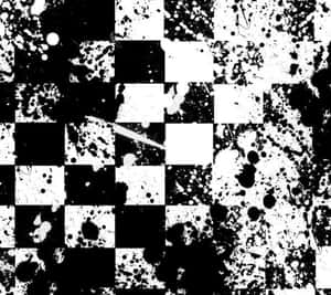 黑白棋盤格，每個方格上有墨水飛濺。 — 圖案 壁紙