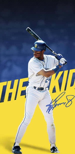棒球運動員擊球姿勢，帶有「THE KID」文字和簽名。