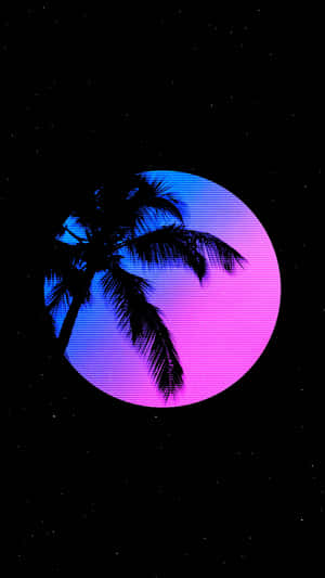 棕櫚樹剪影在星空夜空中襯托著一個漸變太陽，帶有數位掃描線。