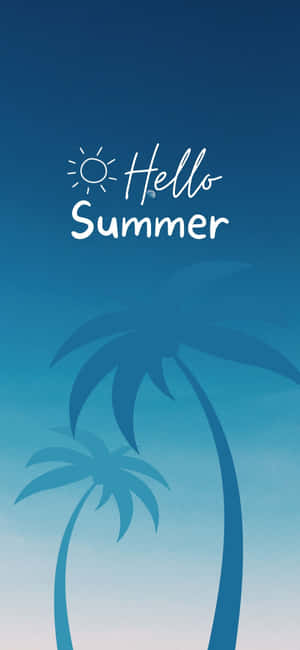 兩棵棕櫚樹帶有「Hello Summer」文字襯托藍色天空。 — 棕櫚樹 GIF 壁紙