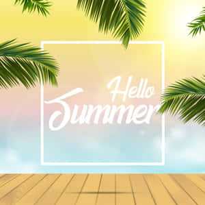 棕櫚葉圍繞著「Hello Summer」文字，位於木質甲板和漸變天空之上。 — 棕櫚樹 GIF 壁紙