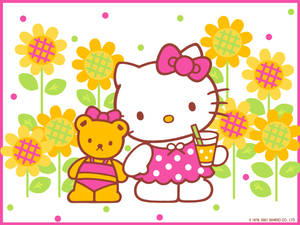 Hello Kitty 同啤啤熊著粉紅色衫喺黃色花叢中。