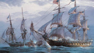 美國和法國軍艦在波濤洶湧的海洋上進行海戰。