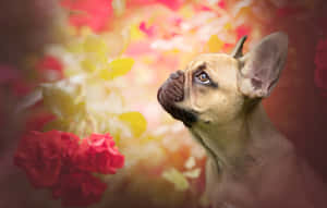 法國鬥牛犬抬頭看著色彩繽紛的模糊花朵 — 狗 壁紙