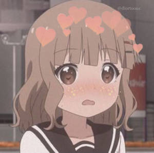 動漫女孩，心形漂浮在臉龐周圍，臉頰上有閃光。 — 可愛動漫女仔 壁紙