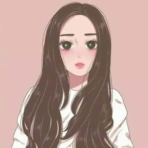 長黑髮、閃爍綠色星瞳的動漫女孩，在柔和的粉紅色背景下。 — 可愛動漫女仔 壁紙