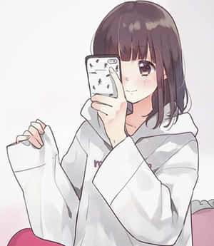 白色連帽衫嘅動漫女仔用手機自拍。 — 粉紅動漫美學 壁紙