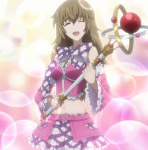 穿著粉紅色服裝的動漫女孩手持帶有發光球體的魔法杖。 — 靚靚動畫 壁紙