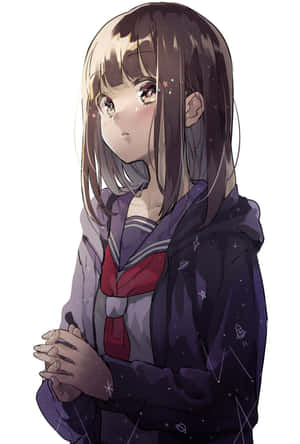 穿著水手服和星星連帽衫的動漫女孩，表情溫柔。 — iPad 第10代 壁紙
