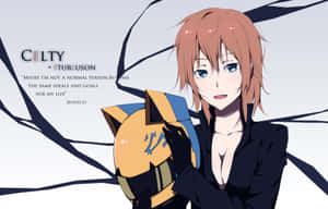 動漫角色 Celty Sturluson 手持帶有文字疊加的頭盔。 — MacBook Pro 16 壁紙