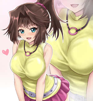 棕色頭髮藍眼睛的動漫女孩，穿著黃色上衣和粉紅色裙子，微笑並有愛心在附近。 — Honor Magic V 壁紙