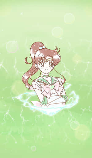 穿著水手服的動漫女孩在綠色背景上漂浮，帶有泡泡和閃電效果。 — Galaxy Tab A11 壁紙