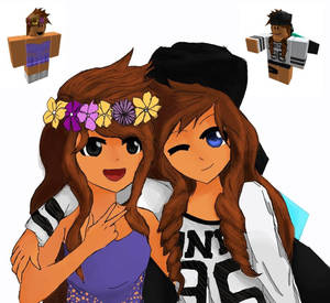 兩位戴著花冠的動漫女孩擁抱微笑，背景有Roblox虛擬角色。