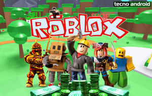 Roblox遊戲角色在色彩繽紛的虛擬世界中帶著一堆綠色金幣。
