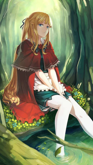 金髮動漫女孩穿著紅色斗篷，坐在森林溪流旁，穿著白色長襪。