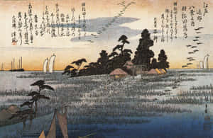 日落時分的日本沿海村莊，帆船和松樹。
