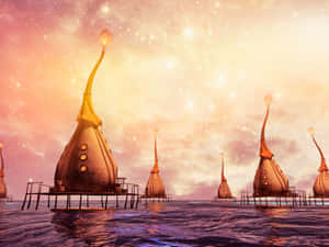 未來外星建築漂浮在水面上，天空星光燦爛的暮色。