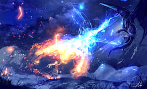 戰士在暮色山景中以火焰魔法對抗發光的藍龍。