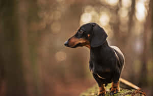 黑色和棕色的臘腸犬在黃金時段的森林中站在長滿苔蘚的木頭上。