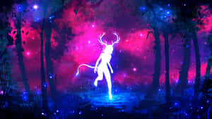 一個發光的鹿頭人物在魔法森林中，在星空下跳舞。 — 霓虹 壁紙