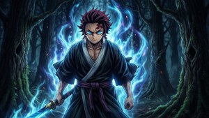 動漫戰士，紅髮藍眼，在黑暗森林中手持發光劍